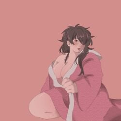 alternate_costume big_breasts black_hair canon_genderswap chubby chubby_female dark_brown_hair female female_only genderswap_(mtf) gintama hair_down hair_over_one_eye hijikata_tenko hijikata_toshiro japanese_clothes kimono laserumi long_hair makeup no_bra overweight overweight_female pink_background rule_63 sitting solo