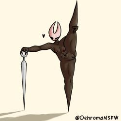 3_fingers abs arthropod black_body black_eyes black_skin blinking dehromansfw female fingers heart_symbol hi_res hollow_knight hornet_(hollow_knight) looking_at_viewer mask nipples red_nipples shaded solo stretching team_cherry weapon white_head