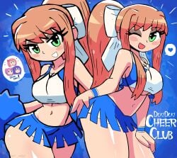 absurdres blue_background blue_skirt blush breasts brown_hair cheerleader cleavage collarbone doki_doki_literature_club female green_eyes grin hair_ribbon hand_on_own_thigh heart highres large_breasts leaning_forward long_hair looking_at_viewer midriff monika_(doki_doki_literature_club) multiple_views natsuki_(doki_doki_literature_club) navel one_eye_closed open_mouth pom_pom_(cheerleading) ponytail ribbon sayori_(doki_doki_literature_club) shirt sidelocks skirt sleeveless sleeveless_shirt smile speech_bubble spoken_character spoken_heart standing teeth thick_thighs thighs tony_welt underboob white_ribbon white_shirt wide_hips wink wristband yuri_(doki_doki_literature_club)