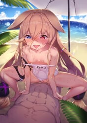 1boy 1girls animal_ears breasts cowgirl_position female g41_(girls'_frontline) girls'_frontline heterochromia male nipples pussy school_swimsuit sex shennai_misha small_breasts straddling swimsuits uncensored vaginal_penetration