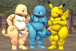 absurd_res anthro balls big_balls big_penis big_penis_envy casual_nudity charmander comparing comparing_penis dinosaur erection exhibitionism generation_1_pokemon genitals group hand_on_chest hi_res huge_balls huge_cock humanoid lizard logdoesrenders looking_down male male/male mammal mouse murid murine nintendo penis pikachu pokemon pokemon_(species) prehistoric_species public public_nudity rat reptile rodent scalie squirtle tail teapot_(body_type) trio turtle