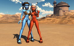 2015 2girls 3d aayla_secura ahsoka_tano alien alien_girl alternate_version_available armband artist_name bald bare_shoulders big_breasts blue_eyes blue_skin bottomless bracer busty choker cleavage clone_wars curvy day detailed_background eyelashes female female_only front_view half-dressed half_dressed hand_on_hip hands_on_hip hands_on_hips headgear hourglass_figure humanoid jabba's_palace jedi jedi_master kondaspeter looking_at_viewer mammal marking metal_bikini midriff multiple_females multiple_girls no_panties orange_skin outdoor outside pose posing purple_lips sandals shadow shaved_pussy shiny shiny_skin shoes slave_ahsoka slave_bikini spread_legs spreading standing star_wars star_wars_rebels tatooine togruta twi'lek voluptuous wide_hips yellow_eyes