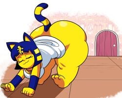 animal_crossing ankha ass blue_hair bracelet breasts cat_ears cat_tail dress dumptruck_ass female huge_ass stretching superspoe tagme thick_thighs yellow_fur