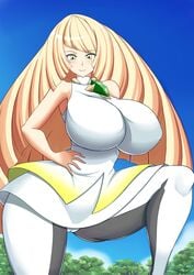 1girls aether_foundation big_ass blonde_hair busty cameltoe clothed female huge_breasts long_hair lusamine_(pokemon) milf mother pokemon pokemon_sm questzer thick_thighs wide_hips