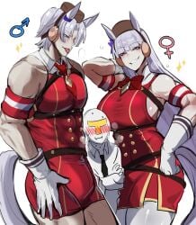 1girls 2boys absurdres before_sex big_breasts big_breasts big_breasts big_chest bigger_female bigger_male bisexual_male bisexual_sandwich bisexual_threesome biting_lip biting_lip biting_own_lip blush blush blushing_male bow_tie bowtie breasts breasts breasts breath_cloud bulge bulge_under_clothes cap clothed embarrassed embarrassed_male female female_symbol gender_symbol genderswap_(ftm) gold_ship_(umamusume) heavy_breathing height_difference highres horny horny_female horny_male horse horse_ears horse_girl horse_tail huge_boobs huge_breasts huge_breasts huge_chest huge_pecs imminent_sex kurenaiz1 large_boobs large_breasts large_tits long_hair long_hair_female looking_down male male_symbol muscles muscular_arms muscular_chest muscular_female muscular_legs muscular_male muscular_pecs non-nude pecs pectorals pink_eyes red_clothing red_outfit ribbon rule_63 sandwich_position sandwiched short_hair short_hair_male side_boob sideboob simple_background size_difference smaller_male smile smiling sparkle sparkles sweat sweatdrop sweating sweaty tie tongue tongue_out trainer_(umamusume) umamusume umamusume_pretty_derby white_background white_hair