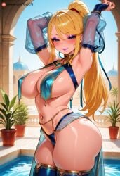 ai_generated areola_slip armpits arms_behind_head arms_up bangs bare_shoulders blonde_hair blue_eyes blue_thighhighs blush breasts bridal_gauntlets cleavage closed_mouth commission covered_nipples cowboy_shot curvy dancer dancer_outfit day detached_sleeves eyeliner eyeshadow female gloves green_eyes harem harem_girl harem_outfit high_ponytail highleg jewelry large_breasts lips lipstick long_hair looking_at_viewer makeup metroid mole mole_on_breast mole_under_mouth navel navel_piercing pelvic_curtain piercing plant ponytail potted_plant revealing_clothes samus_aran see-through sidelocks sky smile solo standing stomach sweat swept_bangs swimsuit tgv9173 thick_thighs thighhighs thighs water wet
