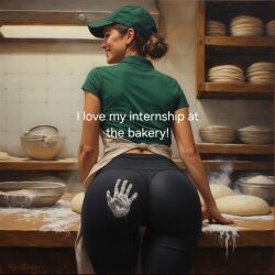 1girls ai_generated baker bakery cap dough english_text flour handprint_on_ass intern leggings milf original original_character shirt smile text working