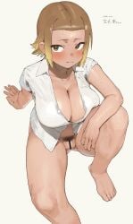 absurdres arm_support ass_visible_through_thighs bar_censor blonde_hair blush bottomless breasts brown_eyes censored cleavage closed_mouth collarbone collared_shirt female female_pubic_hair frikulu from_above gradient_hair hair_behind_ear highres kasamaru_aoi knee_up large_breasts looking_at_viewer looking_up multicolored_hair naked_shirt partially_unbuttoned pubic_hair pussy raised_eyebrows ruri_no_houseki shirt short_hair short_sleeves sidelocks simple_background sitting sleeve_rolled_up solo sweat white_background white_shirt wing_collar