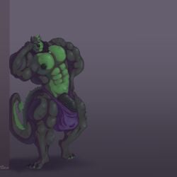1:1 abs absurd_res anthro big_muscles black_penis blue_body canid canine clothed clothing dragon full-length_portrait genitals gradient_background green_body green_hair green_nipples green_nose gryblak hair hi_res huge_muscles hybrid male male_anthro mammal mouth_closed muscles muscular muscular_anthro muscular_male mythological_creature mythological_scalie mythology nipples pecs penis portrait purple_eyes scalie short_hair simple_background solo standing tail tail_tuft thomas_green topless tuft