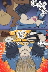 anthro areola avian balls begging_to_slow_down big_balls big_breasts big_penis bird blue_body blue_jay bodily_fluids breasts brown_body brown_fur cartoon_network clenched_teeth clitoris comic corvid duo english_text female forced forced_vaginal fur genitals hi_res huge_balls huge_cock hyper hyper_balls hyper_genitalia hyper_penis jay_(bird) larger_female male male/female mammal mordecai_(regular_show) mtf_transformation multicolored_body new_world_jay nipples nude nude_anthro nude_female nude_male oscine passerine penis pink_areola pink_nipples procyonid pussy raccoon rape regular_show rigby_(regular_show) rule_63 sex size_difference smaller_male speech_bubble stomach_bulge tail teeth text thingshappen two_tone_body vaginal_penetration white_body