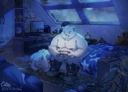 2025 absurd_res anthro balls bear bed bedroom belly canid canine canis computer cubone detailed_background domestic_dog electronics feral flaccid fur furniture generation_1_pokemon genitals hi_res humanoid_hands inside male mammal micropenis moobs night nintendo nipples overweight overweight_male penis plushie pokemon pokemon_(species) sitting small_penis tongue tongue_out white_body white_fur yuyuitudou
