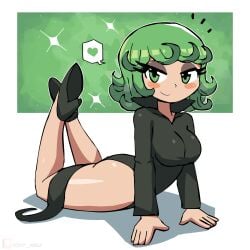 absurdres arm_support black_dress black_shoes blush breasts dress female green_eyes green_hair heart high_heels highres legs_up long_sleeves looking_at_viewer lying one-punch_man shoes short_hair side_slit small_breasts smile sparkle speech_bubble spoken_heart tatsumaki thick_thighs thighs tony_welt white_background wide_hips