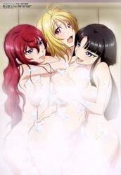 3girls :d :p absurdres ahoge alternate_hairstyle angelise_ikaruga_misurugi antenna_hair arm arm_around_neck arm_around_waist armpits ass ass_grab bangs bathing black_hair blonde_hair blue_eyes blunt_bangs blush breast_grab breast_press breasts convenient_censoring cowboy_shot cross_ange eye_contact female foam friends from_behind from_side girl_sandwich grabbing groin group_sex hair_between_eyes hair_down harem head_tilt highres hilda_(cross_ange) hime_cut hug hug_from_behind indoors large_breasts long_hair looking_at_another looking_back megami_magazine multiple_girls mutual_yuri naughty_face navel nipple_censor nude official_art open_mouth parted_bangs pink_eyes purple_eyes red_hair salamandinay sandwiched scan shiny shiny_hair shiny_skin short_hair shower sidelocks smile soap_bubbles soap_censor steam steam_censor threesome tongue tongue_out torso_grab very_long_hair wavy_hair yoshikawa_hiroaki yuri