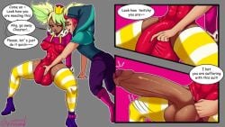 1boy 1futa boner boner_in_pants boots brawl_stars bulge bulge_grab chester_(brawl_stars) dark-skinned_futa dark_skin dick_out english_text fully_clothed futa_on_male futanari huge_penis intersex leotard leotard_aside light-skinned_male light_skin male mandy_(brawl_stars) needing_to_cum needy penis quickie thighhighs tight_clothes tight_clothing tight_fit twitching twitching_penis virossed