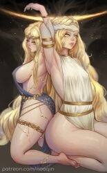 1boy 1girls arm_up armlet armpits barefoot black_dress breasts broken_skin circlet covered_erect_nipples cracked_skin dress elden_ring elden_ring:_shadow_of_the_erdtree feet female femboy foot_fetish fromsoftware gold_armlet gold_belt gold_circlet highres jewelry large_breasts locked_arms long_hair male metal_belt milf miquella miquella_the_kind mother_and_son noaqin queen_marika_the_eternal shadow_of_the_erdtree sideboob thick_thighs thighlet thighs trap very_long_hair white_dress yellow_eyes