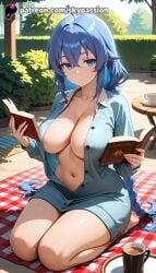 1girls 2025 ai_assisted ai_generated anime areola areola_slip areolae argyle argyle_background artist_name barefoot big_breasts big_breasts big_breasts big_chest blue_eyes blue_hair blush book bookmark braid breast breasts breasts breasts bust busty checkered checkered_background checkered_floor chest coffee coffee_mug collarbone collared_shirt cookie cup day explicit female hi_res high_quality high_resolution highres holding holding_book large_breasts long_hair looking_at_viewer menu mole mole_under_eye mug mushoku_tensei navel no_bra notebook open_book open_clothes patreon patreon_username picnic plant plate reading roxy_migurdia shirt sitting skypassion solo stable_diffusion sweat tablet_pc teacup tray tree very_long_hair wariza watermark