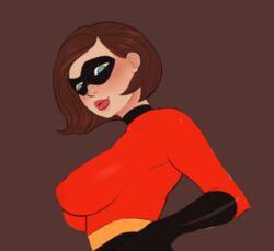 1girls big_breasts bodysuit bouncing_breasts breasts brown_hair clothing disney elastigirl female female_only green_eyes hair hand_on_hip helen_parr huge_breasts large_breasts lipstick mask mature mature_female milf nipple_bulge nipples nonesaint pixar simple_background smooth_skin solo the_incredibles uniform