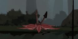 bush defeated defeated_heroine flower fog jashinn pixel_art plant_vore reflection rock shoe syahata syahata's_bad_day thighhighs trees water