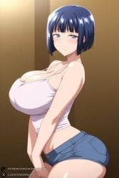 1female 1girl 1girls 2026 ai_generated artist_name bangs bare_shoulders big_ass big_breasts blue_eyes blue_hair blunt_bangs blush bob_cut breasts camisole cleavage closed_mouth curvy denim denim_shorts hi_res high_quality high_resolution highres huge_ass huge_breasts inkou_kyoushi_no_saimin_seikatsu_shidouroku looking_at_viewer midriff mole mole_under_eye patreon patreon_username short_hair short_shorts shorts solo tachibana_yayoi_(inkou_kyoushi) tank_top thighs unjobdespiert watermark