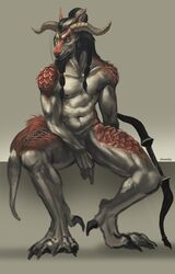 2018 anthro black_hair digital_media_(artwork) dragonoid hair male male_only navel nipples penis red_scales scales shwonky simple_background sitting solo