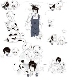 1boy 2girls alternate_costume big_breasts big_pecs bikini breasts breasts_on_head canon_genderswap chibi cleavage cow_boy cow_ears cow_print cow_print_armwear cow_print_bikini cow_print_thighhighs eye_patch farmer female genderswap_(mtf) ginko_sakata gintama gintoki_sakata hucow kgymkou1205 male monochrome multiple_scenes partially_colored pecs ram_horn rule_63 sheep_ears sheep_girl sheep_horns short_hair smoking spot_color takasugi_shinsuke