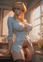1futa ai_generated artoria_pendragon blonde_hair blouse breasts fate_(series) futa_only futanari intersex light-skinned_futa loopus159 penis pubic_hair solo