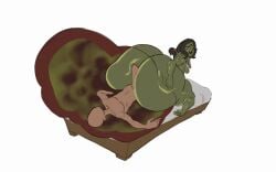 1boy 1girls 2d_animation animated ass ass_bigger_than_head ass_bigger_than_torso assjob bed big_ass big_butt big_penis black_body blanket breasts buttjob dutch_oven edda_(undergroundj) faceless_male fart fart_cloud fart_fetish fart_on_dick farting fartjob female goblin goblin_female green_skin looking_back male oc on_bed open_mouth original original_character penis pointy_ears ponytail rear_view sideboob smile thick_thighs undergroundj viewed_from_behind white_background yellow_eyes