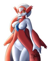 1girls 2018 anthro anthrofied breasts dated female female_only furry gardevoir hi_res humanoid hybrid latias latias_(cosplay) legendary_pokémon looking_at_viewer mn_xenx nintendo nipples nude original_character pokemon pokemon_(species) pokemon_rse pussy scalie smile solo text video_games watermark