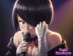 1girl ai_generated anime anime_character anime_girl artist_logo artist_name artist_signature black_clothes black_hair boobs breasts eye_covered eye_patch female female_only karaoke komi-san_wa_komyushou_desu komi_can't_communicate light-skinned_female microphone nakanaka_omoharu perfect_boobs ribbon tits x_username yellow_eyes