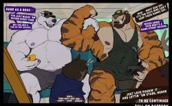 anthro antlers bear belly blush body_stripes bottomwear brown_body brown_fur bruce_(ara_chibi) burley_(ara_chibi) canid canine canis clothed clothing deer dialogue electronics english_text exclamation_point eyewear felid flexing flexing_bicep fur genitals glasses glasses_on_hat group hand_on_bicep hat headgear headwear hi_res holding_object holding_phone horn male male/male mammal marius_tygo moose musclegut muscular muscular_anthro muscular_male new_world_deer nipples orange_body orange_fur overweight overweight_anthro overweight_male pantherine pants penis penis_base phone polar_bear shirt sitting speech_bubble sunglasses tank_top text tiger to_be_continued topless topwear trio ursine vein veiny_penis white_body white_fur wolf