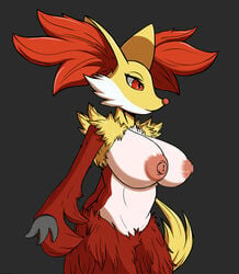 1girls anthro areolae big_breasts breasts canine delphox female female_only furry hcitrus huge_breasts large_breasts mammal multicolored_fur nintendo nipples nude pink_nose pokemon pokemon_xy red_eyes red_fur simple_background solo tail video_games white_fur yellow_fur