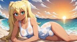 1futa 2025 ai_generated beach big_bulge blonde_hair cloud covered_navel covered_nipples dark-skinned_female dark_skin dumbbell_nan_kilo_moteru? female futanari green_eyes gyaru hair_over_one_eye highres human long_hair medium_breasts navel nipples ocean on_side one-piece_swimsuit outdoors sakura_hibiki see-through sitting sky solo sunset sweat twintails water wet