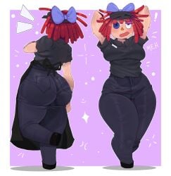1girls apron ass big_ass breasts button_eyes clothed clothed_female clothing deven_tolo fast_food female female_only glitch_productions ragatha_(the_amazing_digital_circus) solo solo_female sweat sweatdrop sweating the_amazing_digital_circus thick_thighs thighs