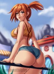 :p arm_support ass asymmetrical_hair bare_arms bare_shoulders blue_sky blurry blush breasts cloud crop_top day denim denim_shorts female female_focus from_behind gen_1_pokemon green_eyes gym_leader hair_between_eyes highres huge_ass huge_breasts kasumi_(pokemon) large_ass large_breasts legs leonart looking_at_viewer looking_back micro_shorts midriff nintendo orange_hair outdoors pokemon pokemon_(anime) pokemon_(classic_anime) ponytail shirt short_hair short_shorts shorts side_ponytail sideboob sitting sky sleeveless solo suspender_shorts suspenders tank_top thick_ass thick_thighs thighs tongue tongue_out underboob wide_hips yellow_shirt yellow_tank_top