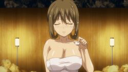 10s 1girls 2012 animated bath_towel breasts brown_hair brown_hair10s closed_eyes collarbone female hair hair_bun hot_springs koiito_kinenbi_the_animation large_breasts legs_crossed mature_female outdoors sake sake_bottle sake_cup sauna sweat tagme towel yurie_okunaga