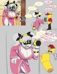 1boy 1girls abrahamslapper areola_slip areolae bathrobe big_ass big_breasts breasts cleavage clothed comic dialogue doorway elliot_(work_at_a_pizza_place) english_text female female_focus glitch_productions j_(murder_drones) male murder_drones pizza pizza_delivery reference_image robe roblox roblox_game robloxian robot robot_girl speech_bubble text thighs threatening twitter_link work_at_a_pizza_place yellow_nipples