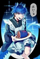 1boy absurdres alternate_costume apron black_choker black_dress black_hair blue_eyes blue_hair chinese_commentary choker commentary_request crossdressing crossdressing_(mtf) dragon_boy dragon_horns dragon_tail dress earrings enmaided eyepatch face_piercing frilled_apron frills guro highres holding holding_plate horns jewelry kimono_dress leg_up long_sleeves maid male male_focus male_maid matsunoniyi21 nose_piercing oerba_yun_fang omokage_yugamu open_mouth piercing plate print_eyepatch severed_tail smile solo speech_bubble tail the_hundred_line_-last_defense_academy- translation_request white_apron wide_sleeves