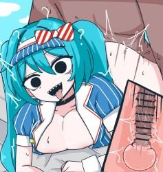 1boy 1girls ? bent_over big_breasts black_eyes blue_hair color female female_focus hair_ornament hatsune_miku light_skin mesmerizer_(vocaloid) mesmerizer_miku motion_lines open_clothes open_mouth sharp_teeth squished_breasts tongue tongue_out top-down_bottom-up twitter_link vocaloid voifoooork x-ray