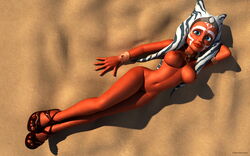 1girls 2015 3d ahsoka_tano alien alien_girl alternate_version_available armband artist_name bare_shoulders big_breasts blue_eyes bracer busty curvy erect_nipple erect_nipples eyelashes female female_only front_view hourglass_figure humanoid jedi kondaspeter looking_at_viewer lying lying_on_back mammal marking naked nude orange_skin outdoor outside pose posing sandals shadow shiny shiny_skin shoes solo star_wars star_wars_rebels tatooine togruta voluptuous wide_hips