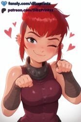 1girls ;) ai ai_assisted ai_generated anime artist_name bare_shoulders black_eyes blush breasts closed_mouth collar dibzprintz ear_piercing earrings fang_out fansly female freckles heart hi_res high_quality high_resolution highres jewelry looking_at_viewer medium_breasts netflix nimona nimona_(nimona) oerba_yun_fang one_eye_closed paw_pose piercing red_hair shirt short_hair simple_background sleeveless smile solo spikes upper_body watermark white_background