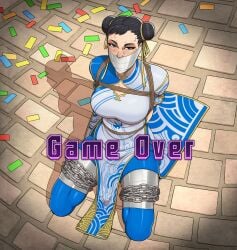 1girls 2d black_eyebrows black_eyes black_hair blue_leggings blue_legwear bondage bound breasts chain_bondage chained chained_legs chained_up chains cheongsam chun-li chun-li_(street_fighter_6) confetti defeated female game_over hair_buns hands_behind_back hi_res high_resolution highres qipao restrained rope rope_bondage rope_harness rope_over_clothes skelebomb street_fighter street_fighter_6 sweat tape_bondage tape_gag taped_legs taped_mouth thighs tied_up yellow_hair_ribbon