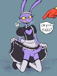 1boy 1girls blush dominant_female female jax_(the_amazing_digital_circus) maid maid_jax_(the_amazing_digital_circus) maid_uniform male male_focus on_knees pomni_(the_amazing_digital_circus) purple_body submissive_male sweatdrop the_amazing_digital_circus twink