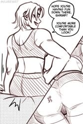 1ambiguous 1girls ambiguous_gender ass ass_focus buttcrush female giantess guireyart low-angle_view sketch tagme text