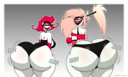 2girls ass ass_bigger_than_head ass_bigger_than_torso ass_clapping big_ass bottom_heavy breasts bubble_butt cherri_bomb clapping_cheeks clothing cyclops demon demon_girl fat_ass female female_only freckles gluteal_fold hazbin_hotel huge_ass hyper hyper_ass large_ass looking_at_viewer looking_back massive_ass niffty panties pink_hair png red_hair saputodraws smile thick_ass thick_thighs thunder_thighs twerking wide_hips