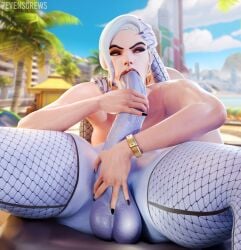 3d 3d_(artwork) 69 69_position 7evenscrews angry annoyed ashe_(overwatch) beach big_balls big_penis black_nails blue_skin fishnet_armwear fishnet_legwear fishnets forced forced_oral futa_on_futa futanari hand_on_balls hand_on_head hand_on_penis huge_cock lipstick nail_polish nyl_ashe nyl_widowmaker overwatch red_eyes red_lipstick saliva sucking_penis summer tears thick_thighs touching_penis white_hair widowmaker