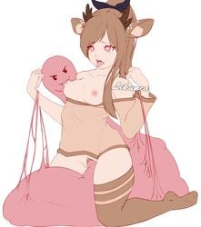 1girls 2018 ahe_gao ambiguous_gender animal_humanoid breasts cervine cervine_humanoid clothed clothing deer_humanoid digital_media_(artwork) duo female hair heart heart-shaped_pupils hi_res horn humanoid interspecies kneeling likunea mammal nipples open_mouth pet pussy ribbons sex simple_background slime small_breasts submissive text tongue tongue_out watermark