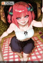 ai_generated anklet bangs bare_shoulders barefoot black_ribbon blue_eyes blunt_bangs blush breasts bug butterfly butterfly_hair_ornament candy collarbone dollmaker dollmaker_(artist) drunk eyebrows_visible_through_hair female food from_above go-toubun_no_hanayome hair_ornament heart heart-shaped_pupils jewelry large_breasts light_particles looking_at_viewer nakano_nino open_mouth patreon_logo patreon_username red_hair ribbon smile solo symbol-shaped_pupils watermark