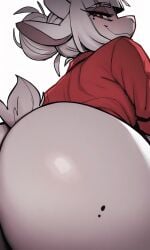 ai_generated ass ass_focus bottomless close-up demon_girl from_behind furry furry_female giant_ass goat_girl goat_lucifer_(helltaker) goat_tail hairbun horns looking_at_viewer lucifer_(helltaker) mole_on_ass mole_under_eye single_hair_bun smug white_hair