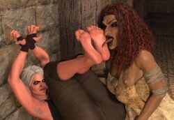 2girls 3d arabiannights7211 barefoot cd_projekt_red ciri commentary_request feet feet_up female female_focus female_only foot_fetish licking_feet licking_foot light-skinned_female light_skin original original_character the_witcher_(series) the_witcher_3:_wild_hunt yuri