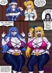 1boy 2girls after_transformation before_and_after before_transformation belt belt_buckle big_breasts bimbo bimbo_body bimbofication bimbofied black_eyes black_hair black_lips black_lipstick black_pants blonde_hair blue_dress blue_eyeshadow blue_hair blue_hair_ribbon blue_hat breast_expansion cleavage clothed clothed_female clothed_male clothing dress earrings english english_text eyeshadow face_makeup fairy_tail female hair_ribbon hand_on_hip hand_on_own_hip hat hinata-hime huge_breasts implied_breast_expansion implied_transformation instant_loss instant_loss_2koma juvia_lockser light-skinned_female light_skin light_skinned_female lipstick long_hair long_nails long_ponytail lucy_heartfilia makeup male midriff nail_polish pale-skinned_female pale-skinned_male pale_skin pale_skinned_female pale_skinned_male pants personality_change pink_nail_polish pink_nails pink_topwear post-transformation post_transformation pubic_tattoo purple_eyeshadow purple_lips purple_lipstick purple_nail_polish purple_nails purple_topwear rock_of_succubus short_side_ponytail side_ponytail skull_earrings skull_hair_ornament speech_bubble spiked_bracelet spiked_collar tattoo tattoo_on_arm text text_box text_bubble text_on_belt thick_thighs tongue tongue_out transformation vidaldus_taka voluptuous voluptuous_female white-skinned_female white-skinned_male white_belt white_skin white_skinned_female white_skinned_male wide_hips
